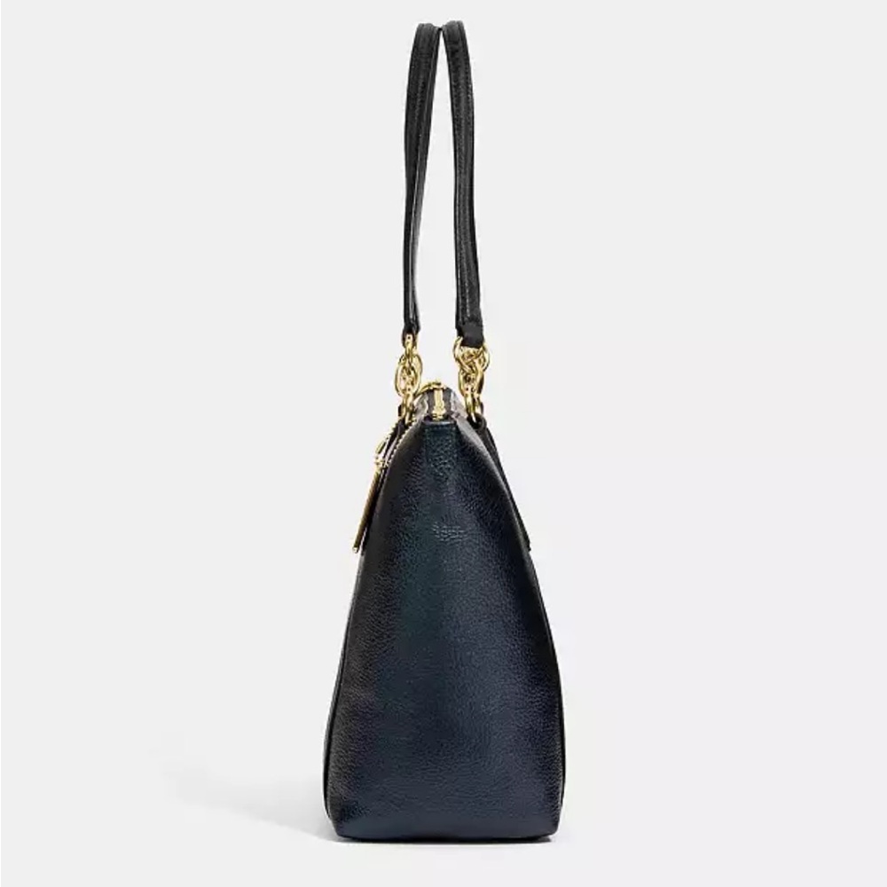 Coach Ava Crossgrain Leather Tote Bag with Metal Tag in Navy - Picture 2 of 6